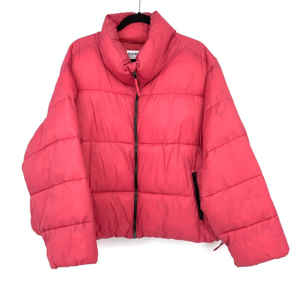 Old Navy Puffer Jacket Womens Size 2X Pink Full Zip Front Cinched Waist